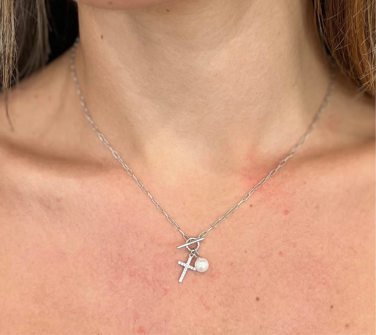 tinsley cross with pearl drop necklace
